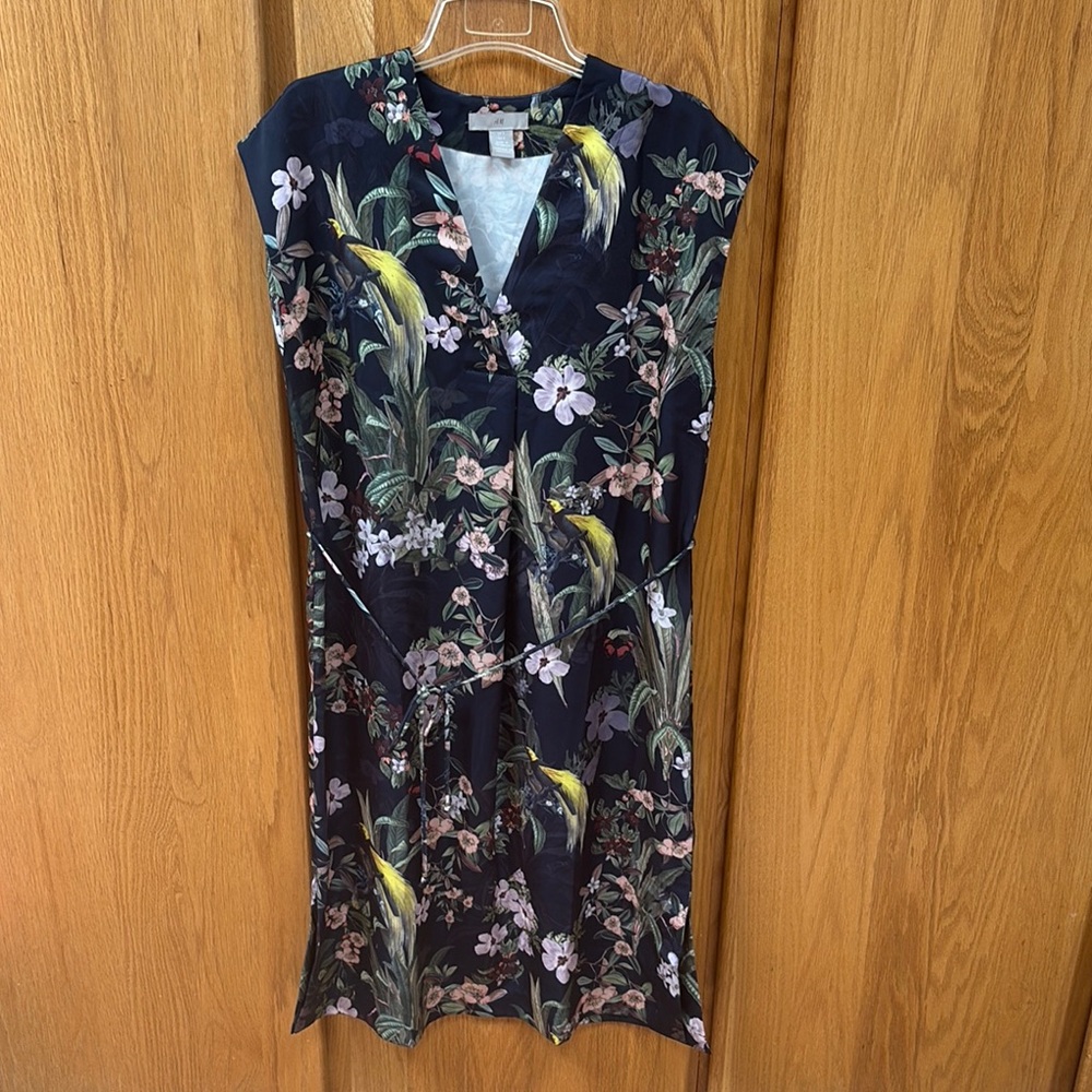 H&M Tropical Floral Bird Print Navy Blue Dress S